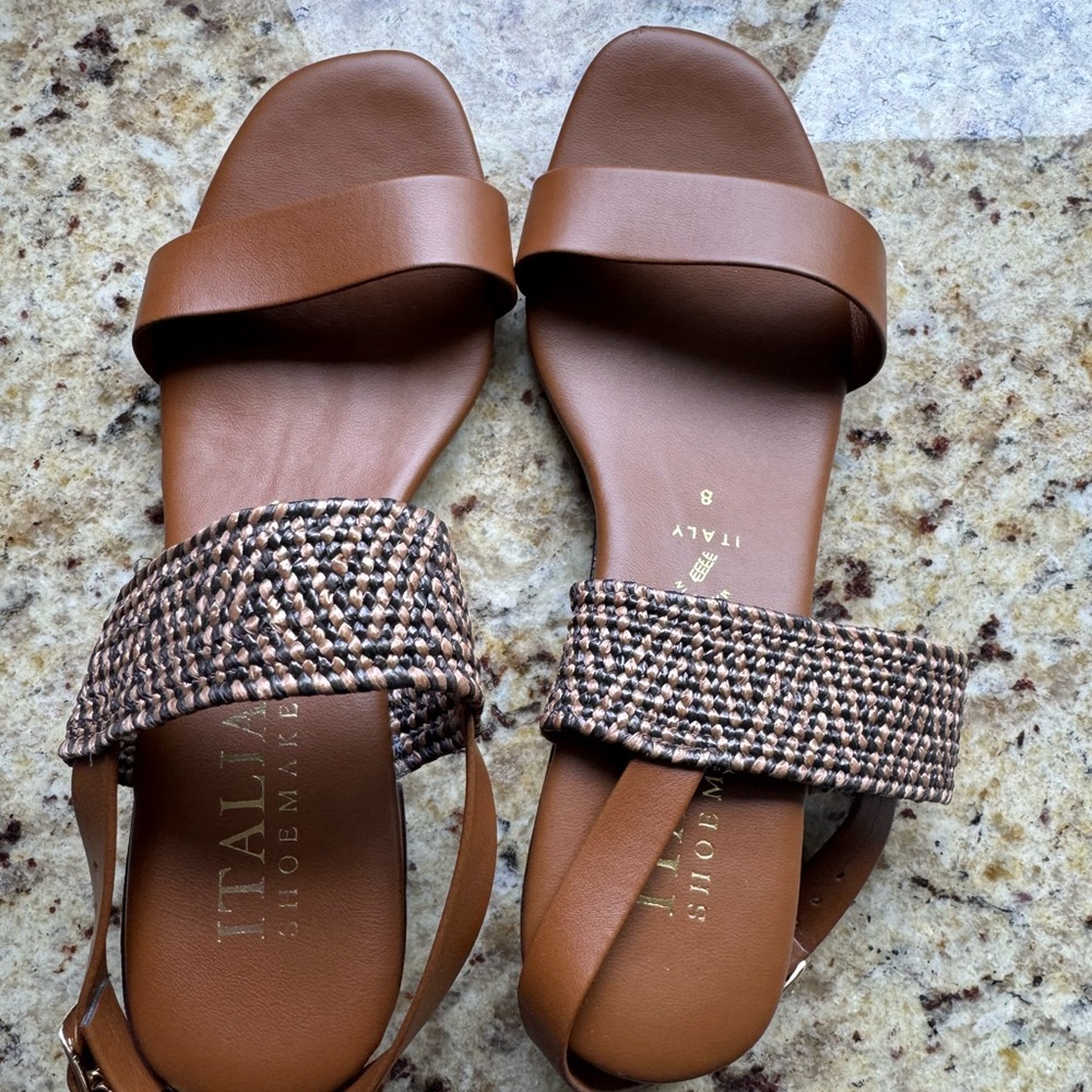 Italian Shoemakers Brown Leather Sandals with Multicolor Woven Strap